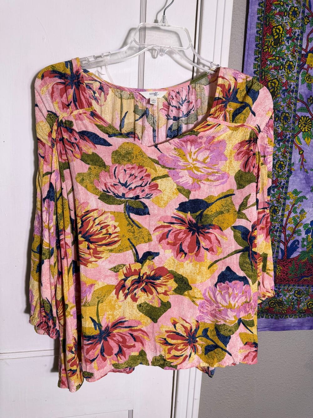 Terra & Sky 4X Pink Floral Boho Peasant Blouse Long Sleeve Plus Size